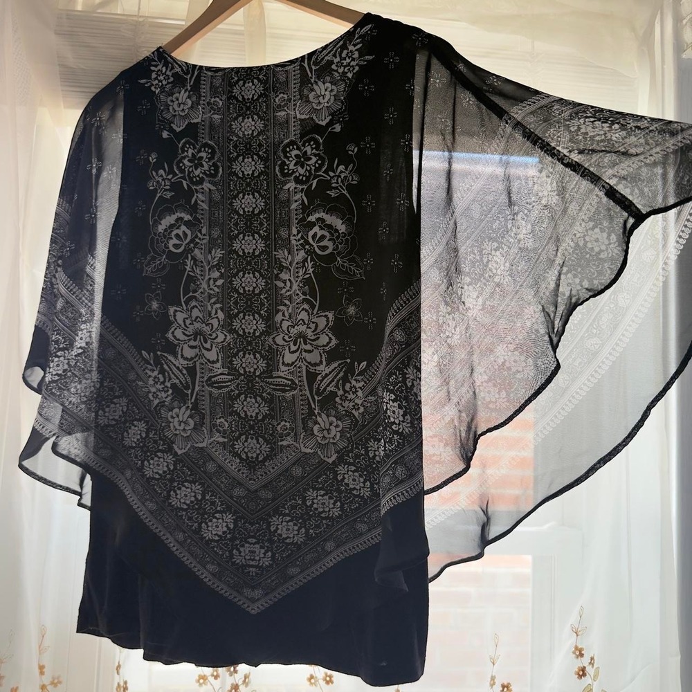Boho Paisley Scarf Print Chiffon Poncho Blouse Butterfly Sleeve Apt 9 Womens L